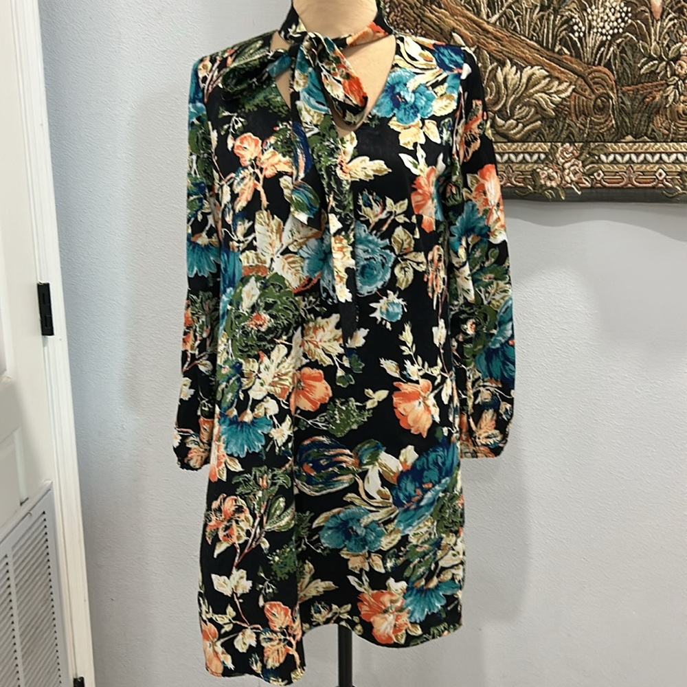 Uncle Frank Floral Print Long Sleeve Neck Tie Mini Dress. Size XS